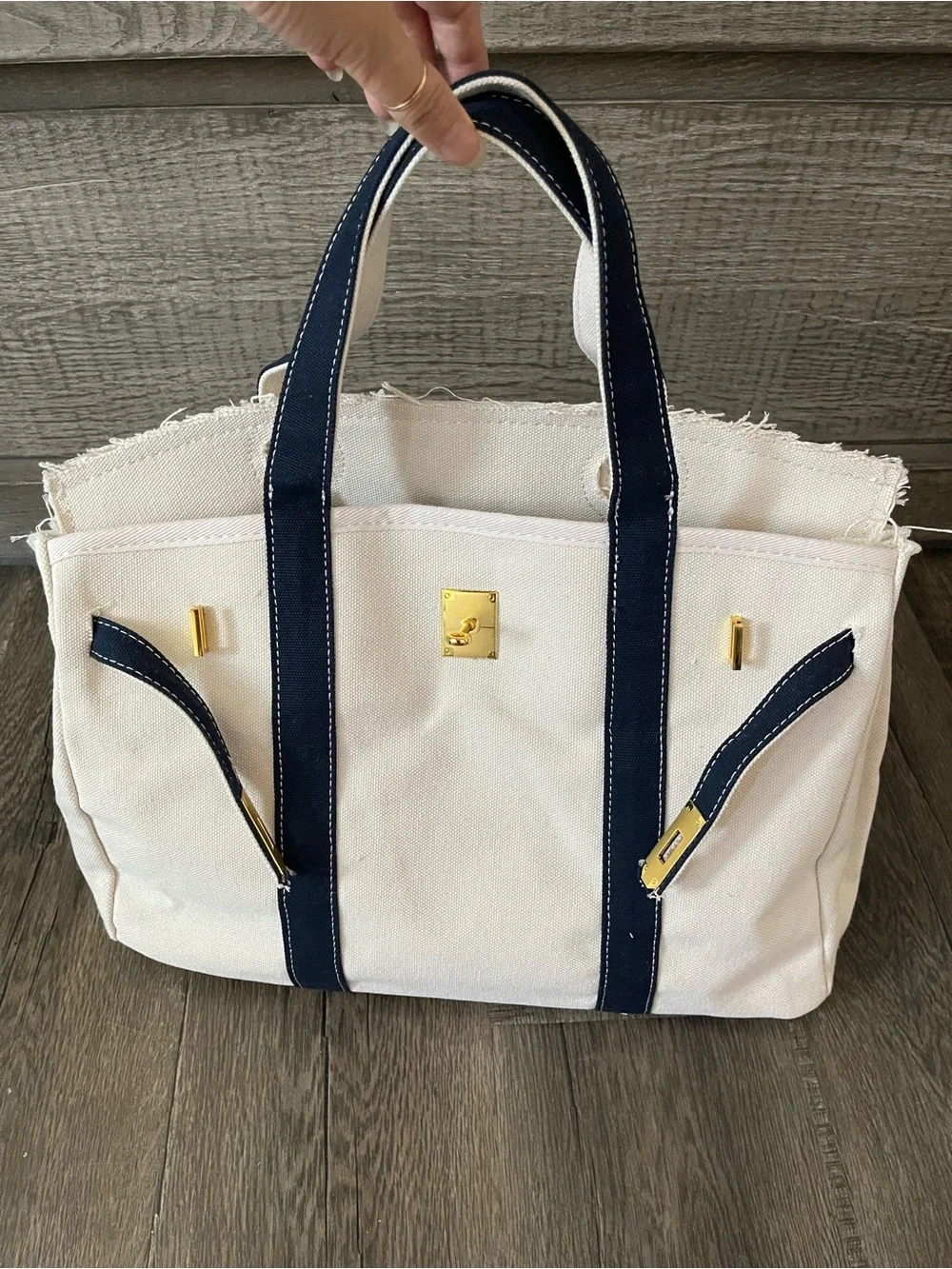 Canvas Tote Handbag with Navy Trim and Gold Hardware Boatkin Boat Bag
